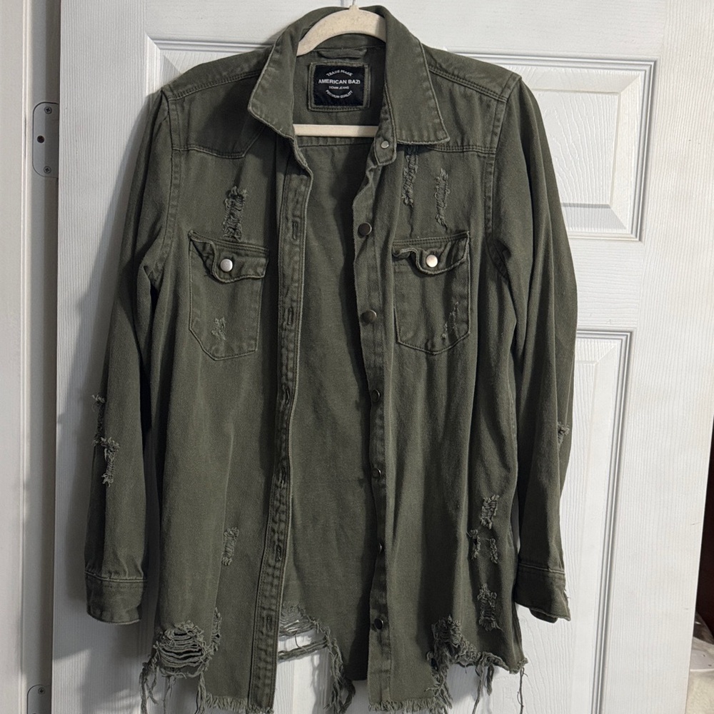 American Bazi Women's Green Distressed Shirt Jacket